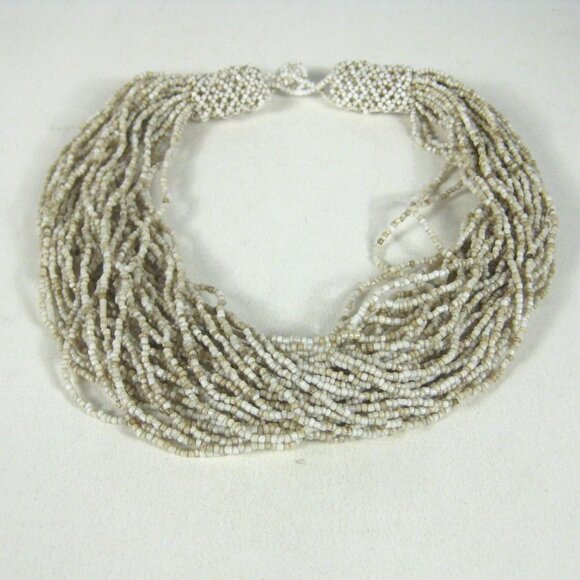 Vintage Glass Seed Bead Multi Strand Necklace Neutral Bohemian Statement 20 in - Picture 8 of 8